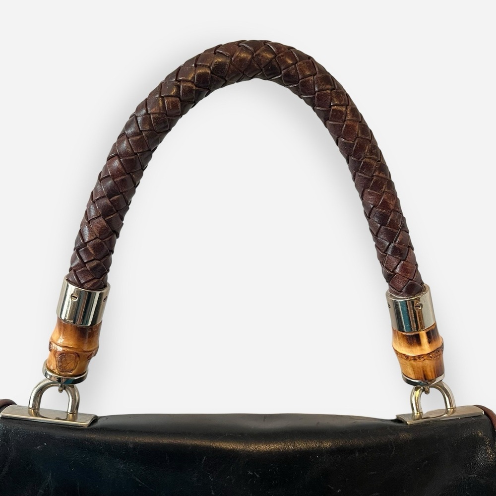 Vintage Elaine Turner Leather Shoulder Bag Black Brown Bamboo Woven Straps - Picture 2 of 10